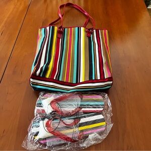 COLORFUL LANCÔME STRIPED TOTE BAG WITH MATCHING FLIP FLOP SANDALS